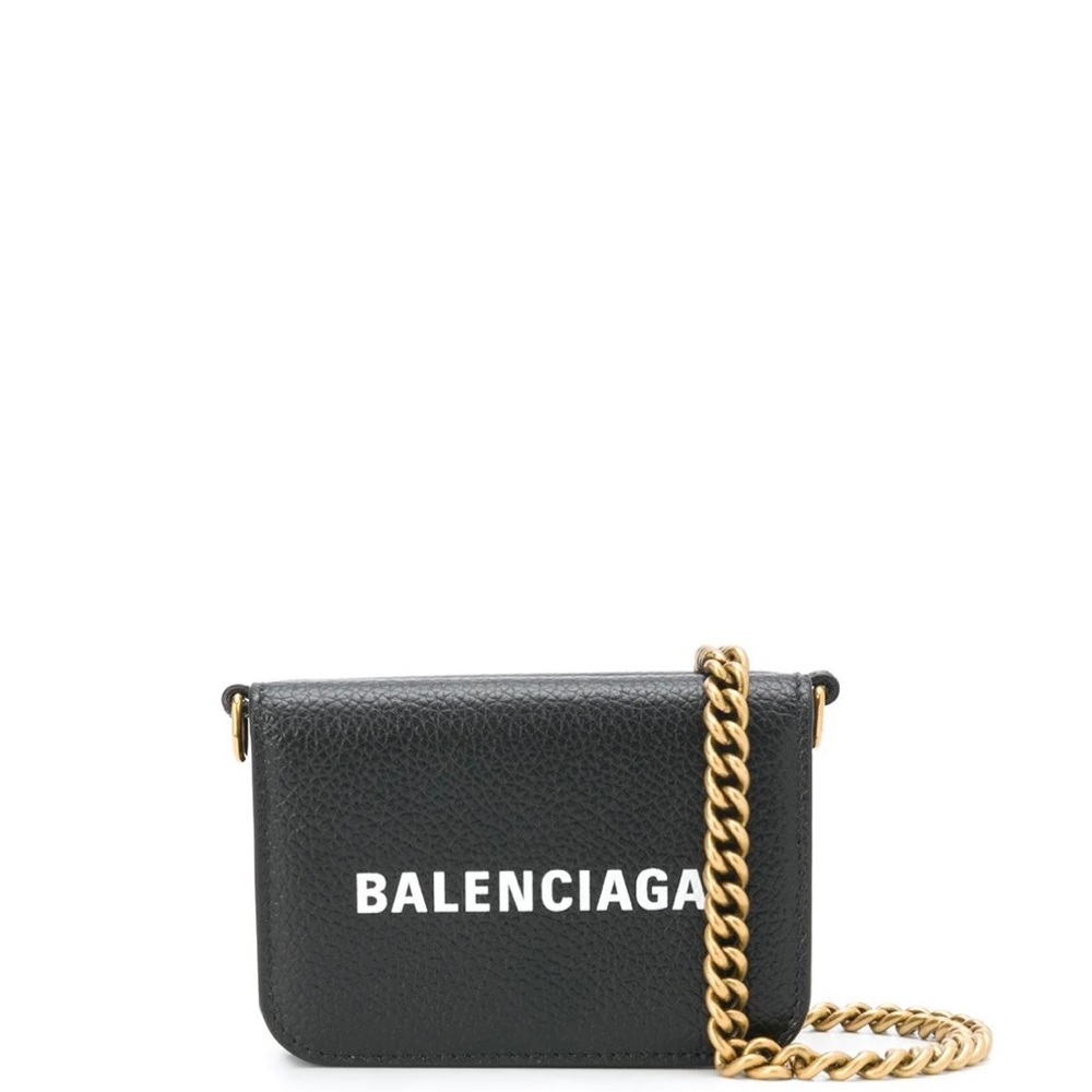 Balenciaga Grained Logo Bifold Mini Wallet with Chain Strap